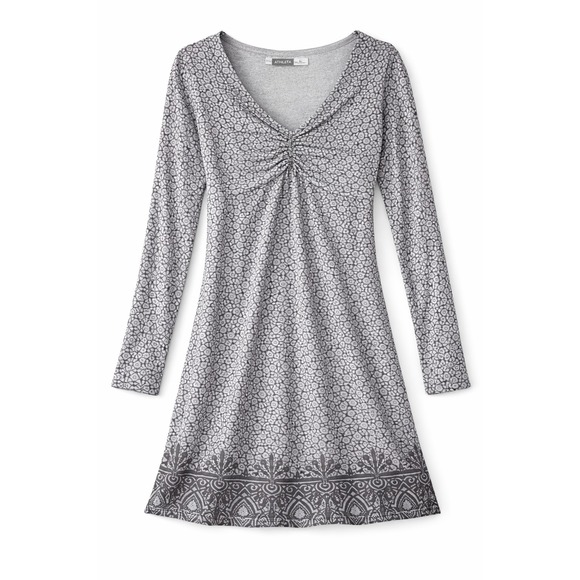 Athleta Dresses & Skirts - Athleta Womens Long Sleeve V Neck Dress Gray Geometric Ruched Size L